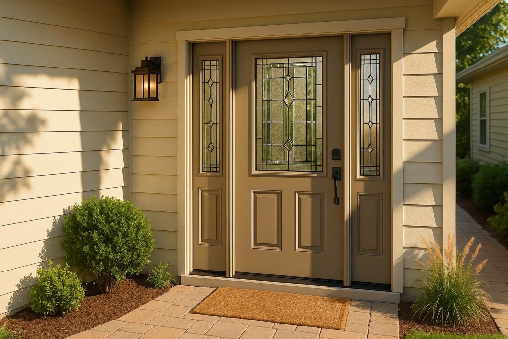 Cozy modern front door with decorative glass, illustrating how to insulate front door panels.