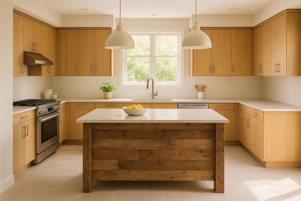 Modern eco-friendly kitchen reno with bamboo cabinets and reclaimed wood island.