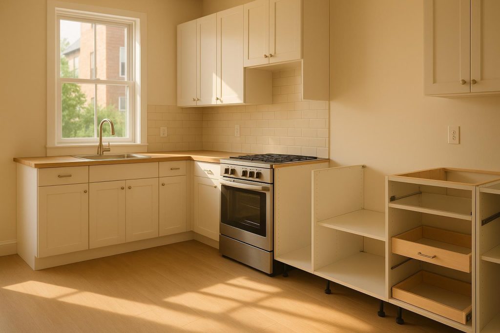 Bright, modern kitchen with partially assembled RTA kitchen cabinets on the right.