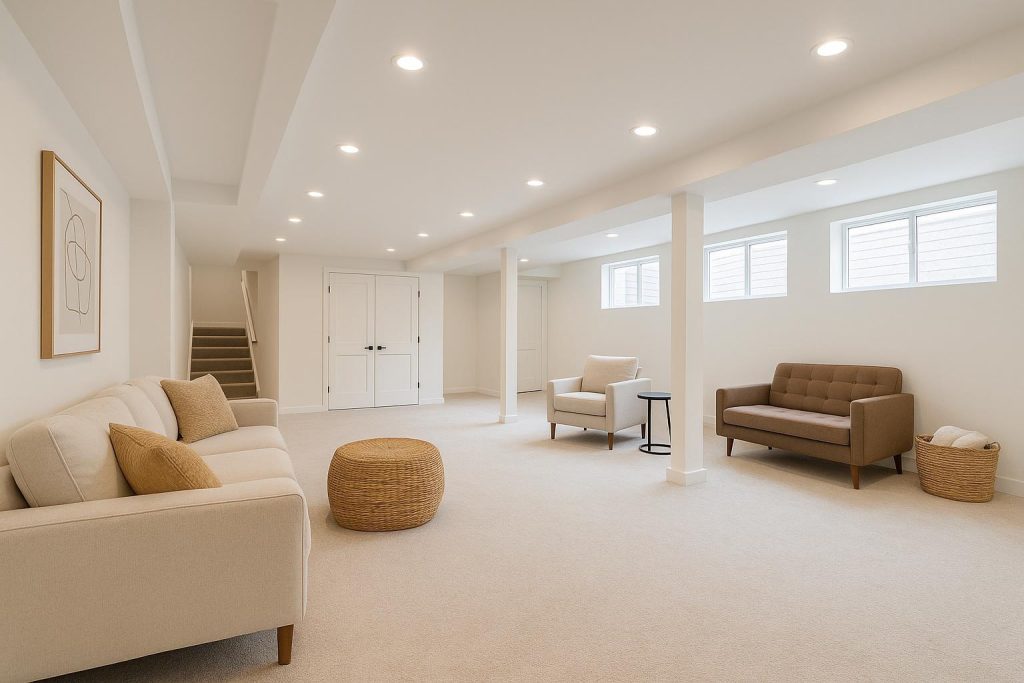 Fully finished basement reno showcasing added home value.