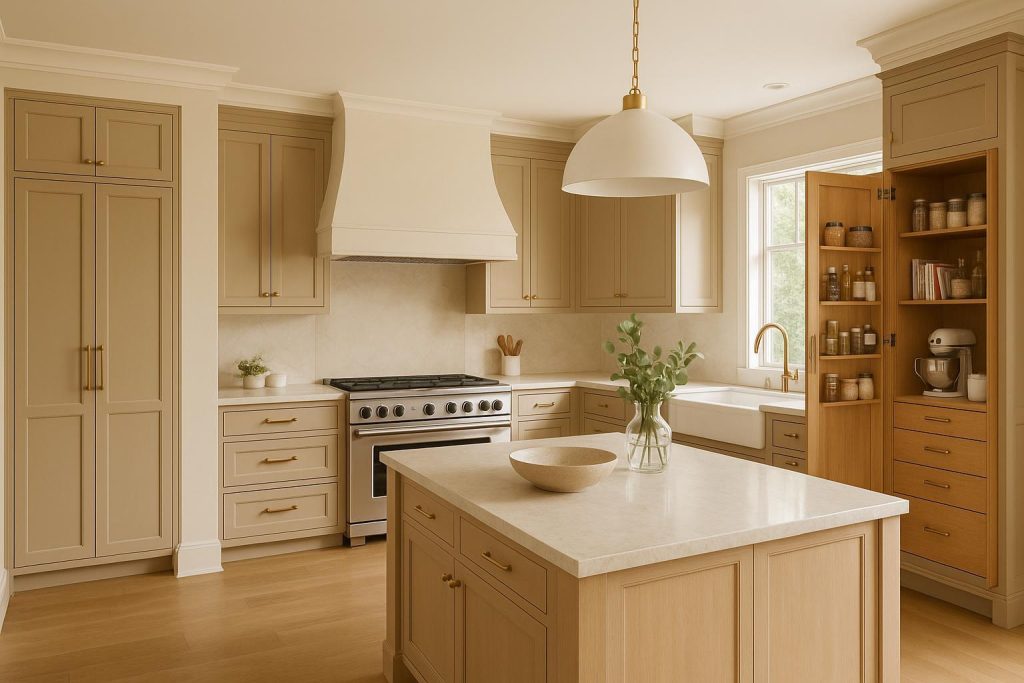 Bright modern kitchen with hidden pantry features for maximum storage, showcasing modern kitchen upgrades.