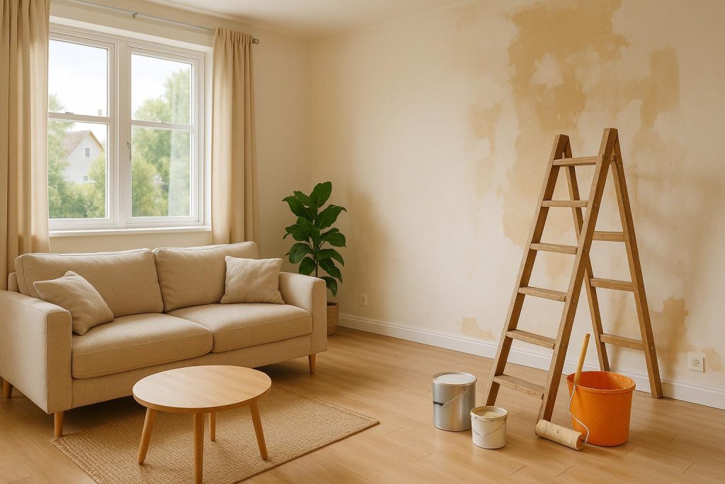 Living room being renovated by a renovation contractor, showing partial upgrades in progress.