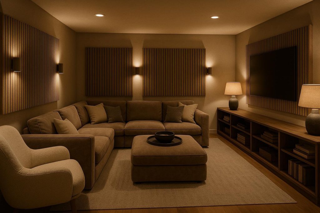 Basement media room with acoustic panels for soundproofing, ideal for a basement reno.
