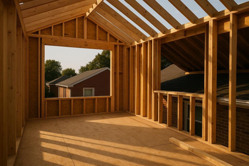 A home with a partially built second-floor extension under construction.