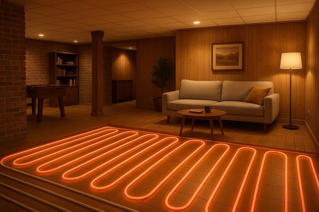 Warm basement reno scene featuring radiant floor heating comfort.