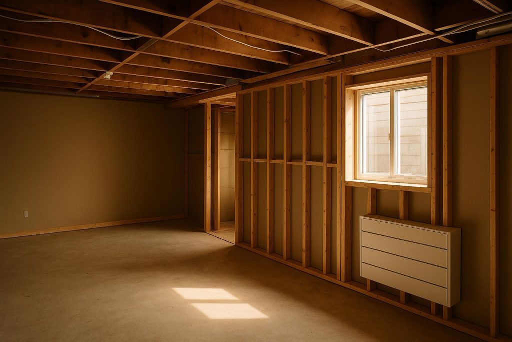Open unfinished space showcasing a design-centered basement reno in progress.