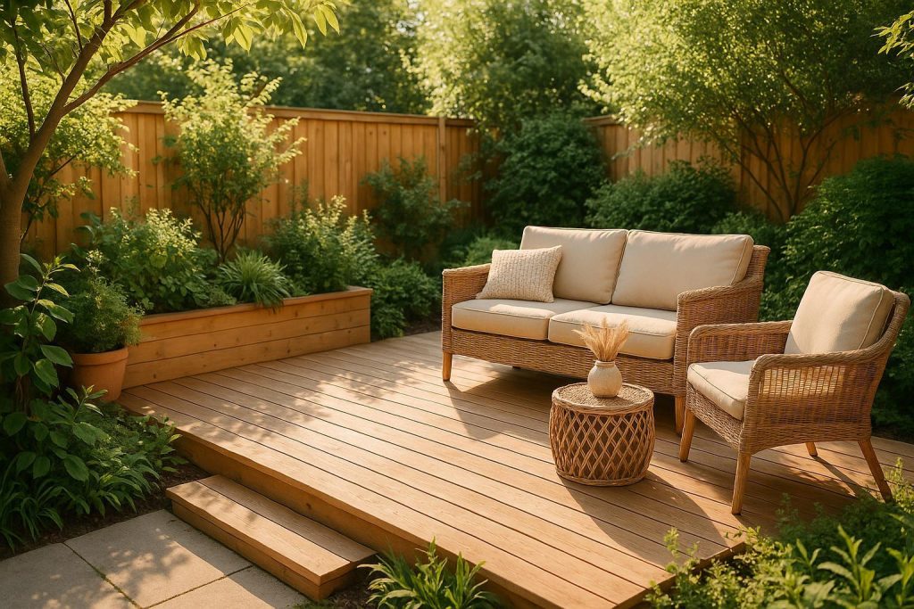 Small backyard deck layout with comfortable seating and plants.