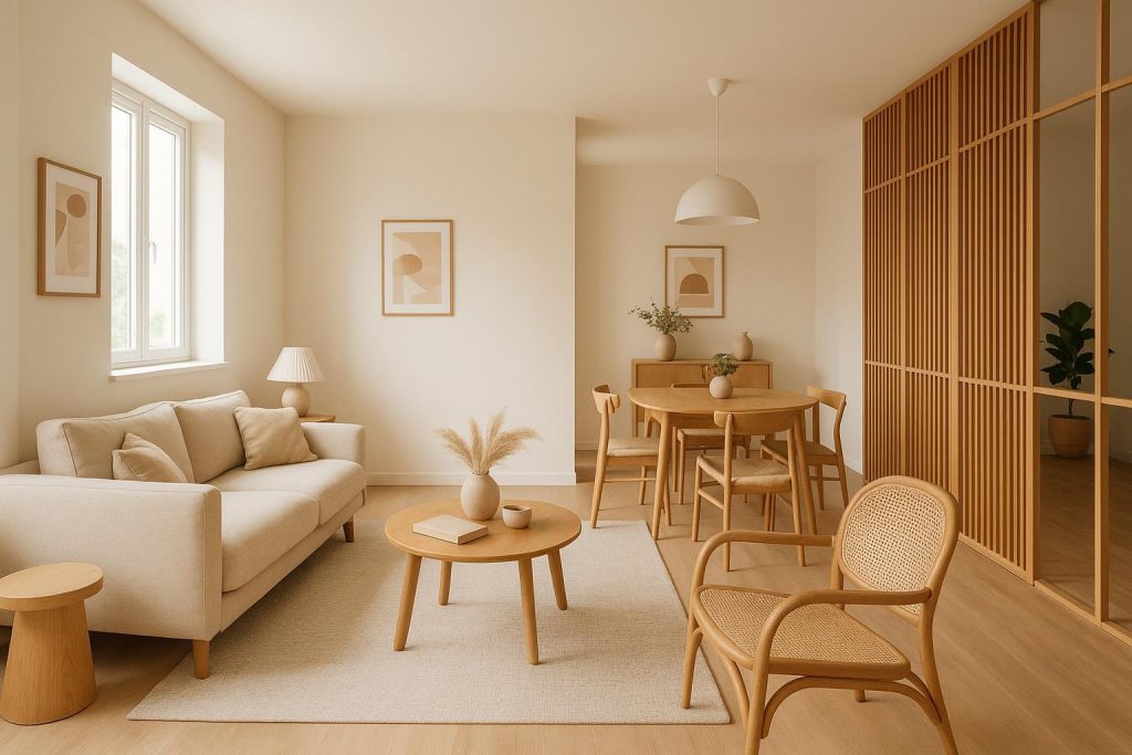 Modern open-concept living area with partial divider for privacy.