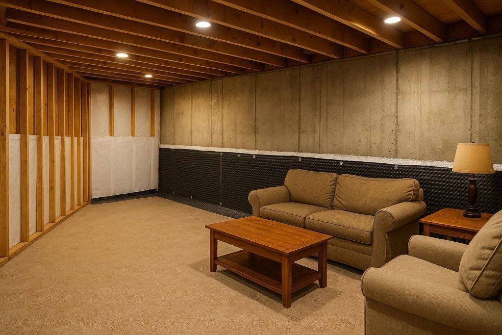 Basement waterproofing underway in a warm, well-lit basement reno.