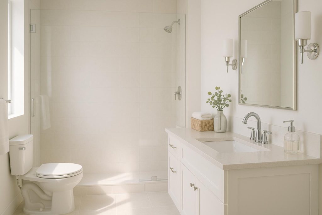 Modern bathroom with neutral decor avoiding tacky upgrades, ideal for bathroom renovations.