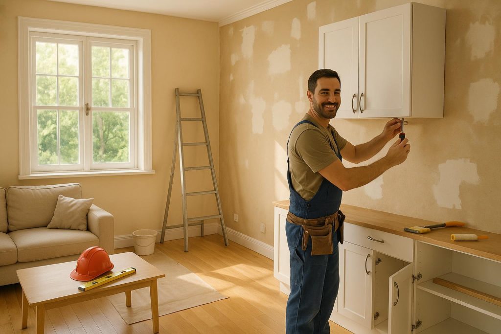 Handyman adjusts cabinet hardware during a home upgrade with a renovation contractor.