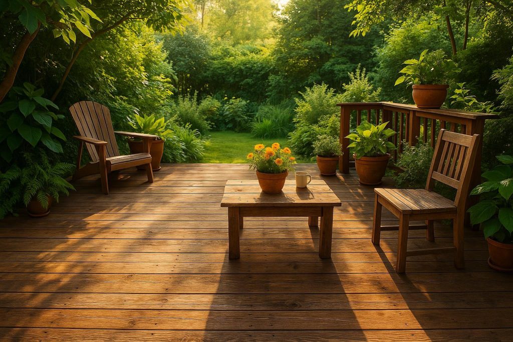 Sustainable deck made from eco-friendly materials in a natural backyard setting.
